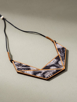 Black and Beige Kalamkari Repurposed Fabric and Wood Connecting Triangle Adjustable Necklace