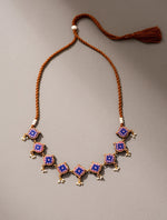 Blue Brocade Festive Fabric and Wood Adjustable Necklace