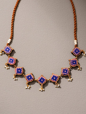 Blue Brocade Festive Fabric and Wood Adjustable Necklace