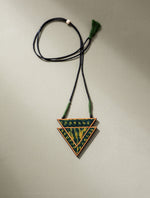 Green Batik Triangular Adjustable Pendant made of Repurposed Fabric and Wood