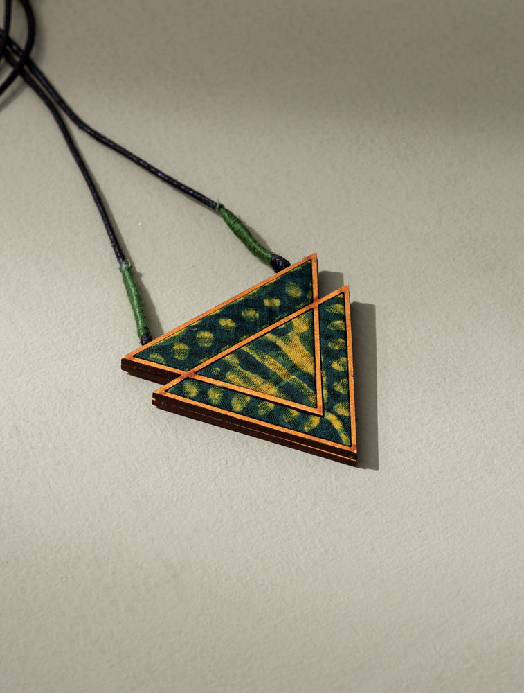 Green Batik Triangular Adjustable Pendant made of Repurposed Fabric and Wood