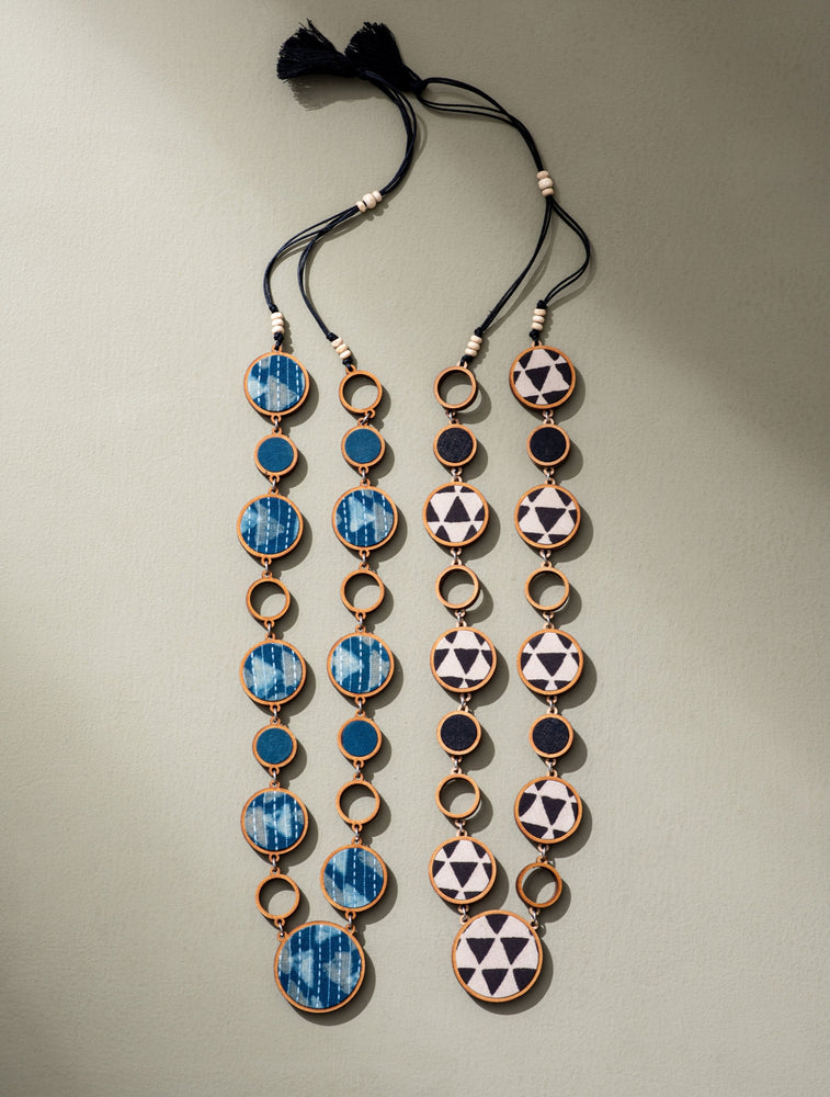 Reversible 2-In-1 Blue Black Repurposed Fabric and Wood Necklace