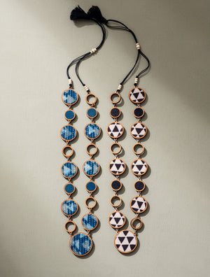 Reversible 2-In-1 Blue Black Repurposed Fabric and Wood Necklace