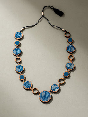 Reversible 2-In-1 Blue Black Repurposed Fabric and Wood Necklace