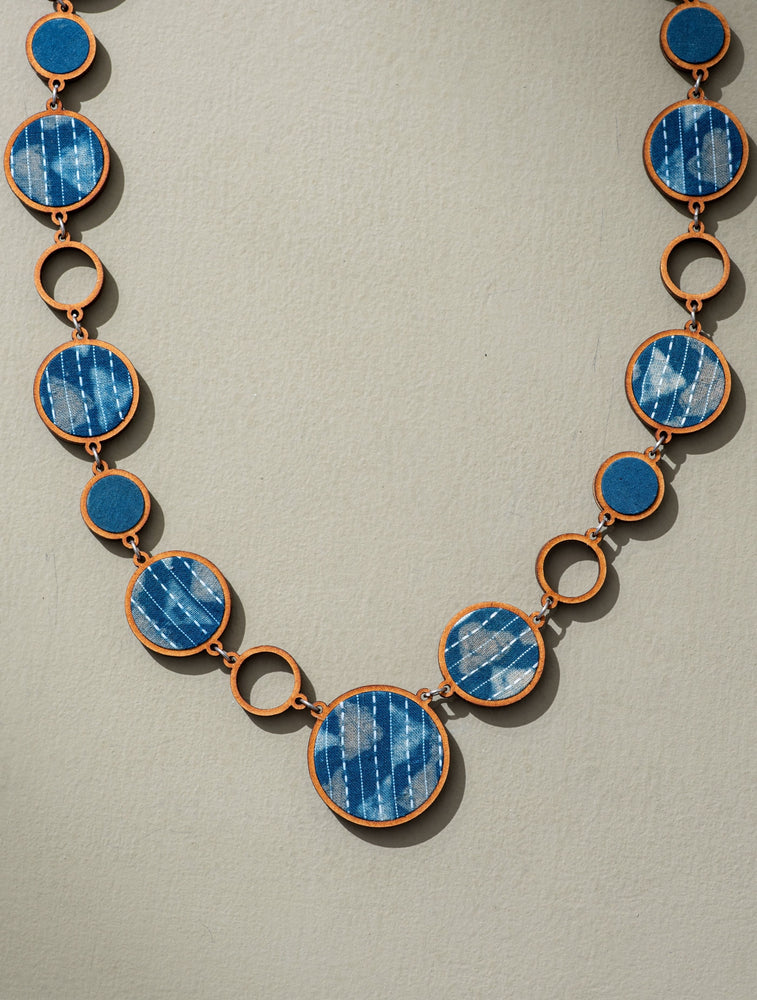 Reversible 2-In-1 Blue Black Repurposed Fabric and Wood Necklace