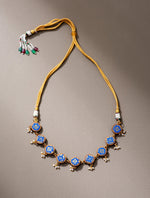 Blue Brocade Fabric and Wood Adjustable Necklace