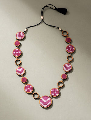 Reversible 2-In-1 Pink Black Repurposed Fabric and Wood Necklace