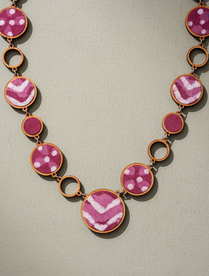 Reversible 2-In-1 Pink Black Repurposed Fabric and Wood Necklace