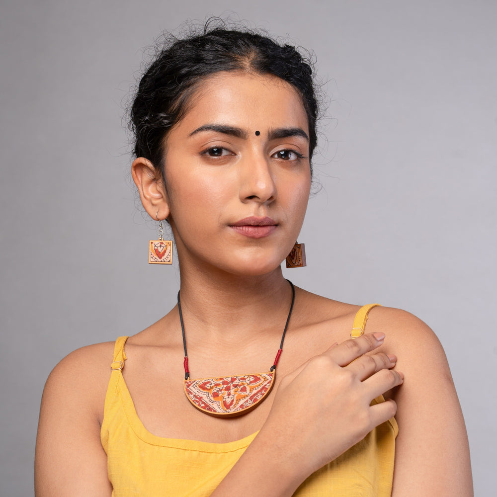 Red Repurposed Kalamkari Fabric and Repurposed Wood Pendant