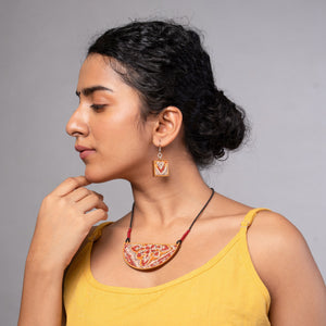 Red Repurposed Kalamkari Fabric and Repurposed Wood Pendant