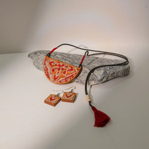 Red Repurposed Kalamkari Fabric and Repurposed Wood Pendant