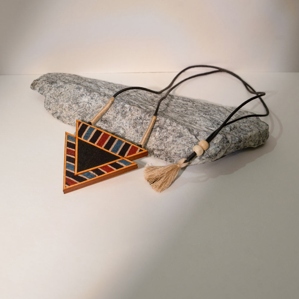 Black Ajrakh Repurposed Fabric and Wood Triangular Necklace