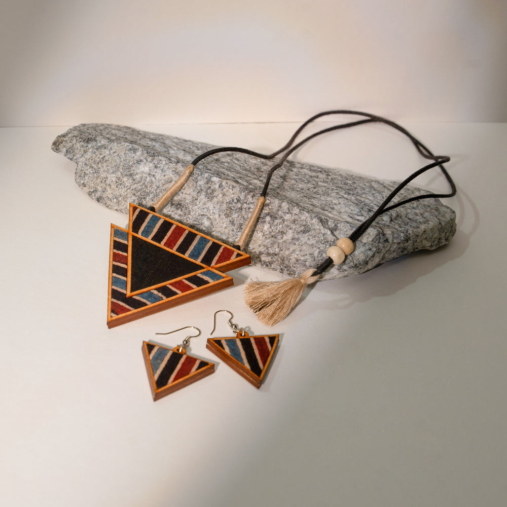 Black Ajrakh Repurposed Fabric and Wood Triangular Necklace