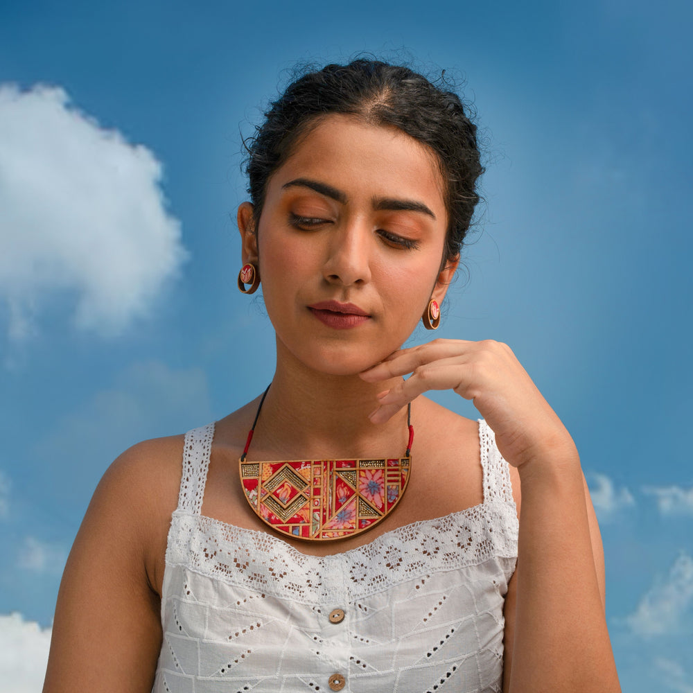 Floral Half Moon Multicolor Repurposed Fabric and Wood Necklace