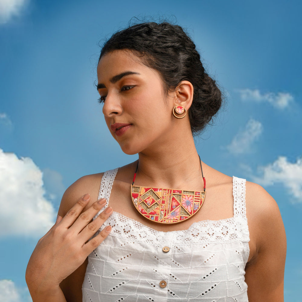 Floral Half Moon Multicolor Repurposed Fabric and Wood Necklace
