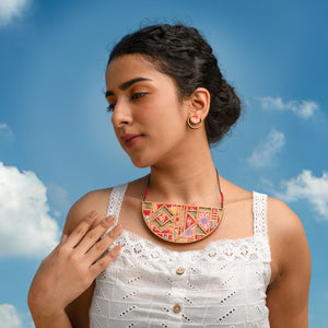 Floral Half Moon Multicolor Repurposed Fabric and Wood Necklace