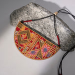 Floral Half Moon Multicolor Repurposed Fabric and Wood Necklace
