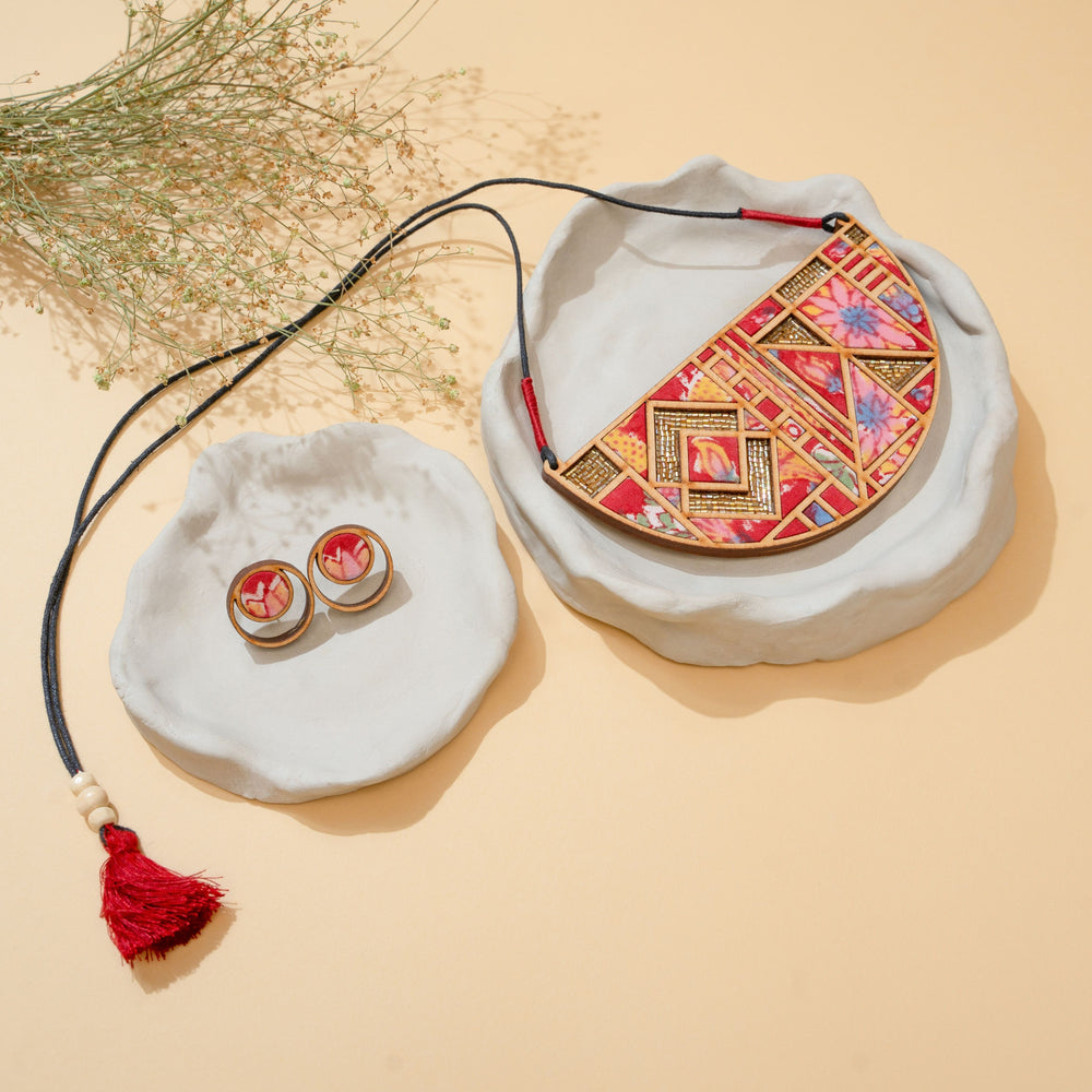 Floral Half Moon Multicolor Repurposed Fabric and Wood Necklace