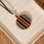 Unisex Blue Round Repurposed Fabric and Wood Pendant