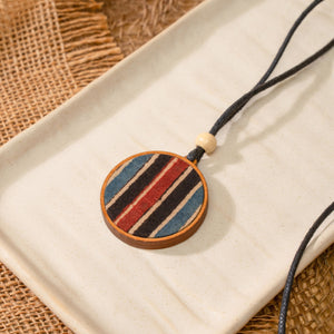 Unisex Blue Round Repurposed Fabric and Wood Pendant