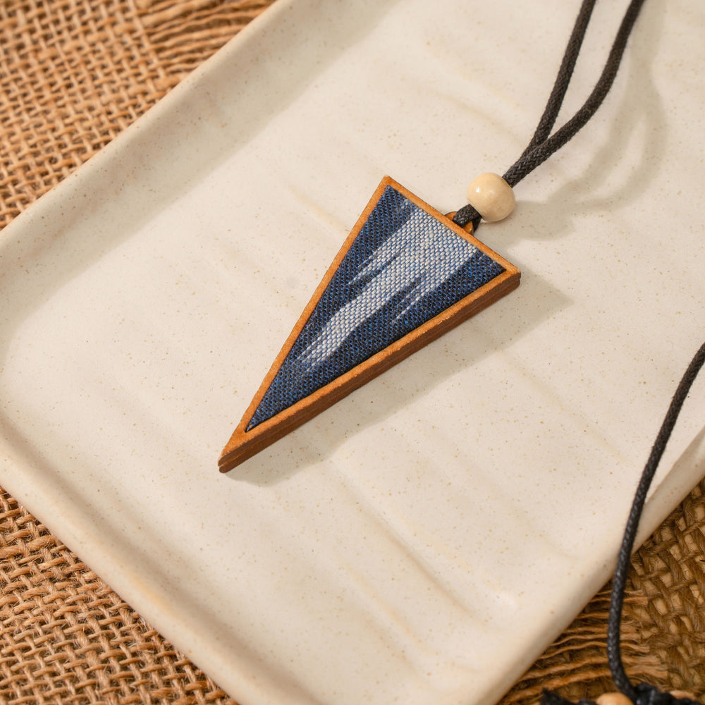 Unisex Blue Repurposed Fabric and Wood Triangular Pendant