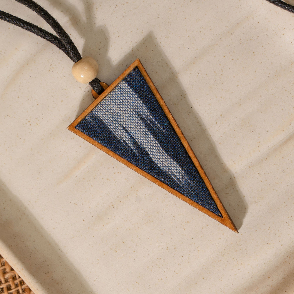 Unisex Blue Repurposed Fabric and Wood Triangular Pendant