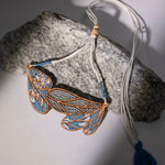 Blue Bloom Leaf Motif Repurposed Fabric and Wood Necklace