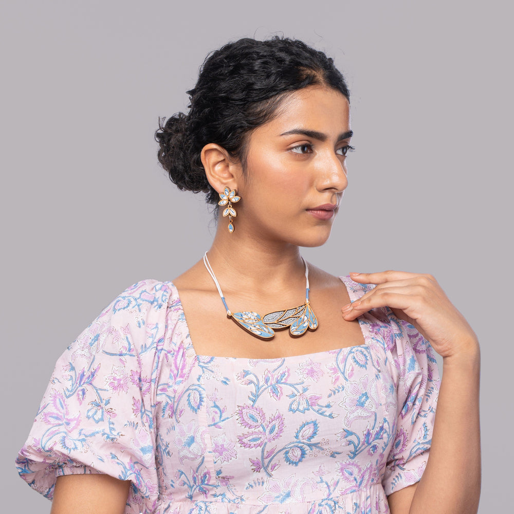 Blue Bloom Leaf Motif Repurposed Fabric and Wood Necklace