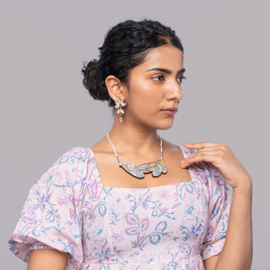 Blue Bloom Leaf Motif Repurposed Fabric and Wood Necklace