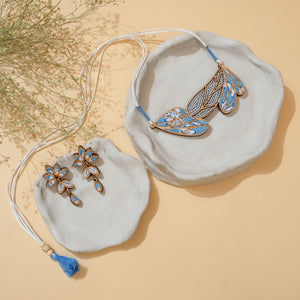 Blue Bloom Leaf Motif Repurposed Fabric and Wood Necklace