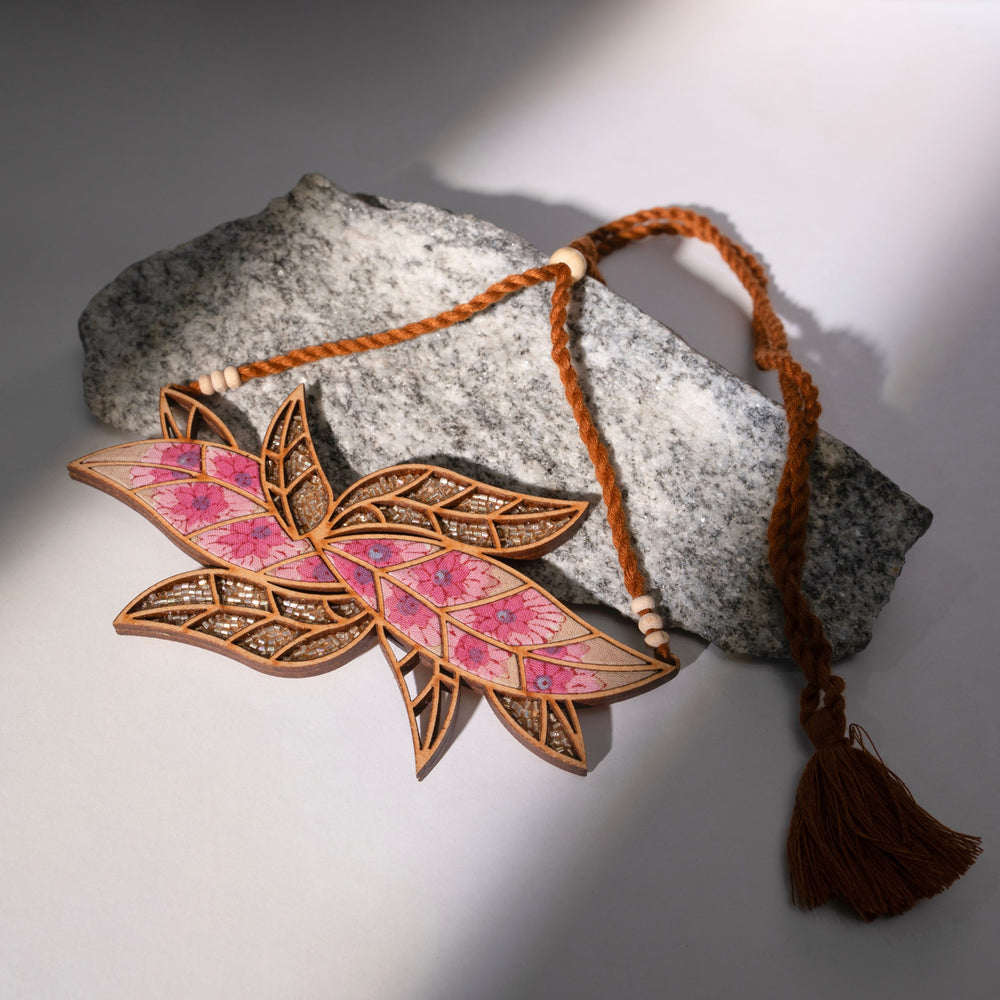 Pink Bloom Leaf Motif Repurposed Fabric and Wood Necklace