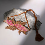 Pink Bloom Leaf Motif Repurposed Fabric and Wood Necklace