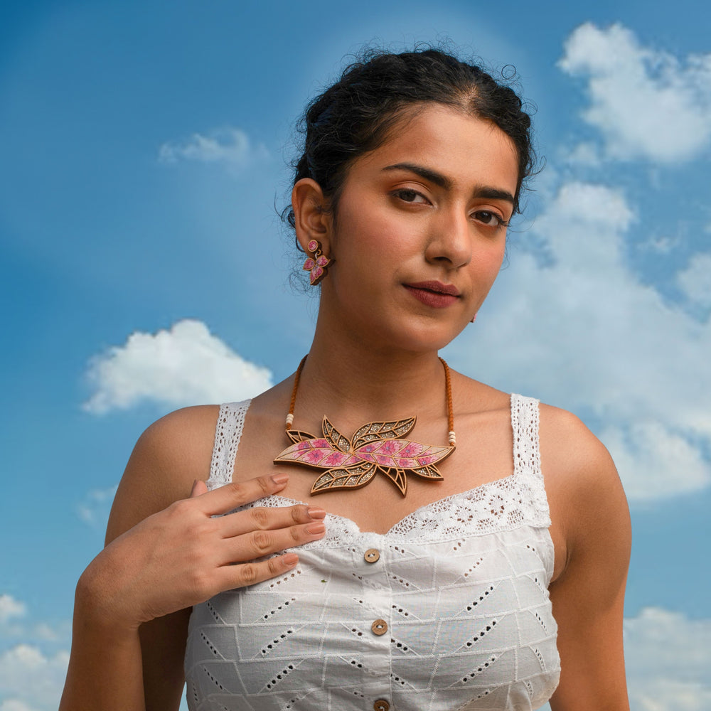 Pink Bloom Leaf Motif Repurposed Fabric and Wood Necklace