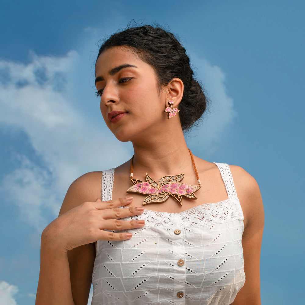 Pink Bloom Leaf Motif Repurposed Fabric and Wood Necklace