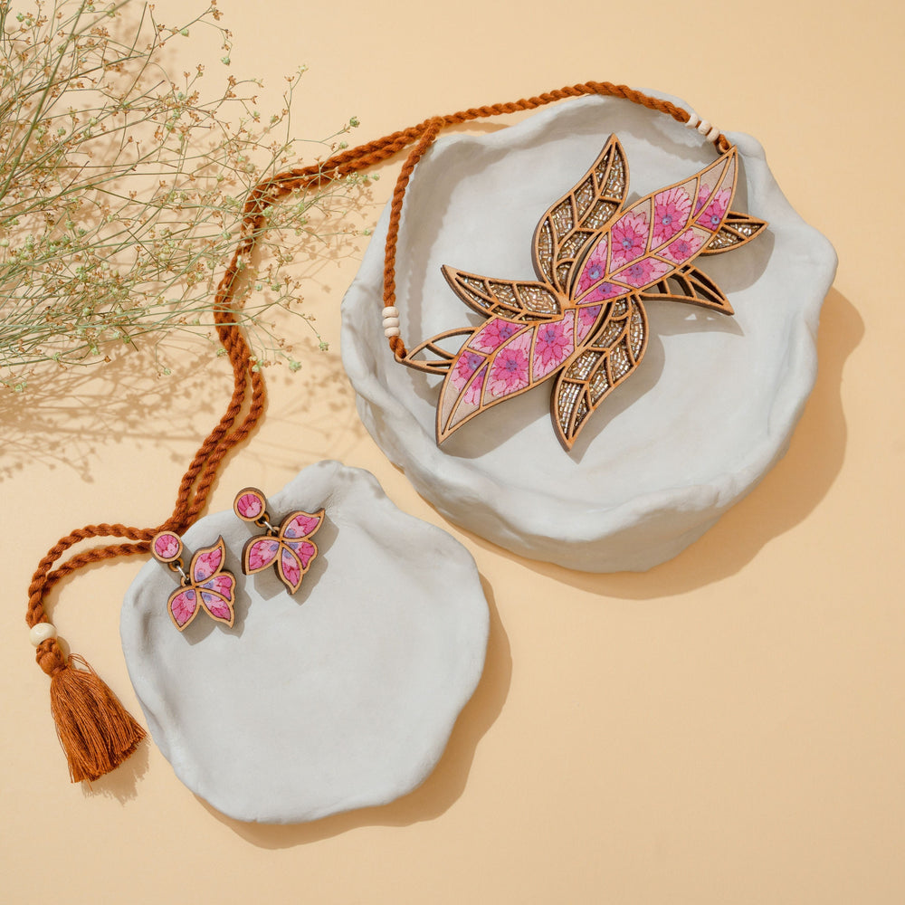 Pink Bloom Leaf Motif Repurposed Fabric and Wood Necklace