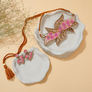 Pink Bloom Leaf Motif Repurposed Fabric and Wood Necklace