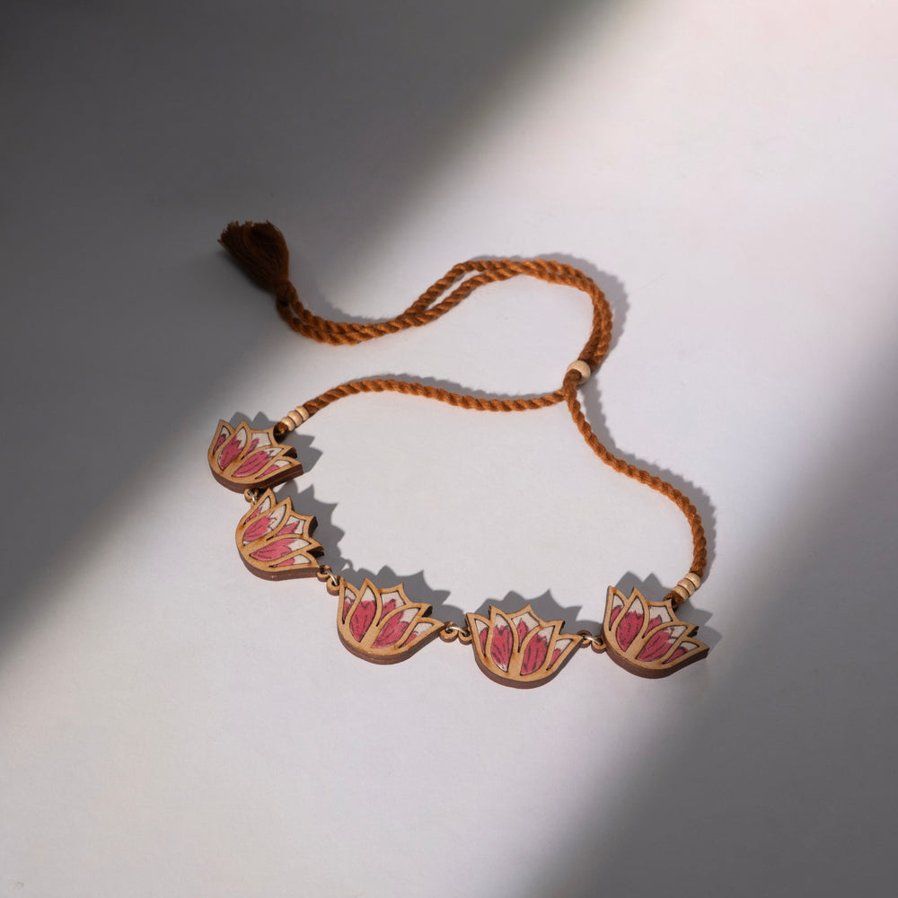 Pink Bloom Lotus Repurposed Fabric and Wood Necklace