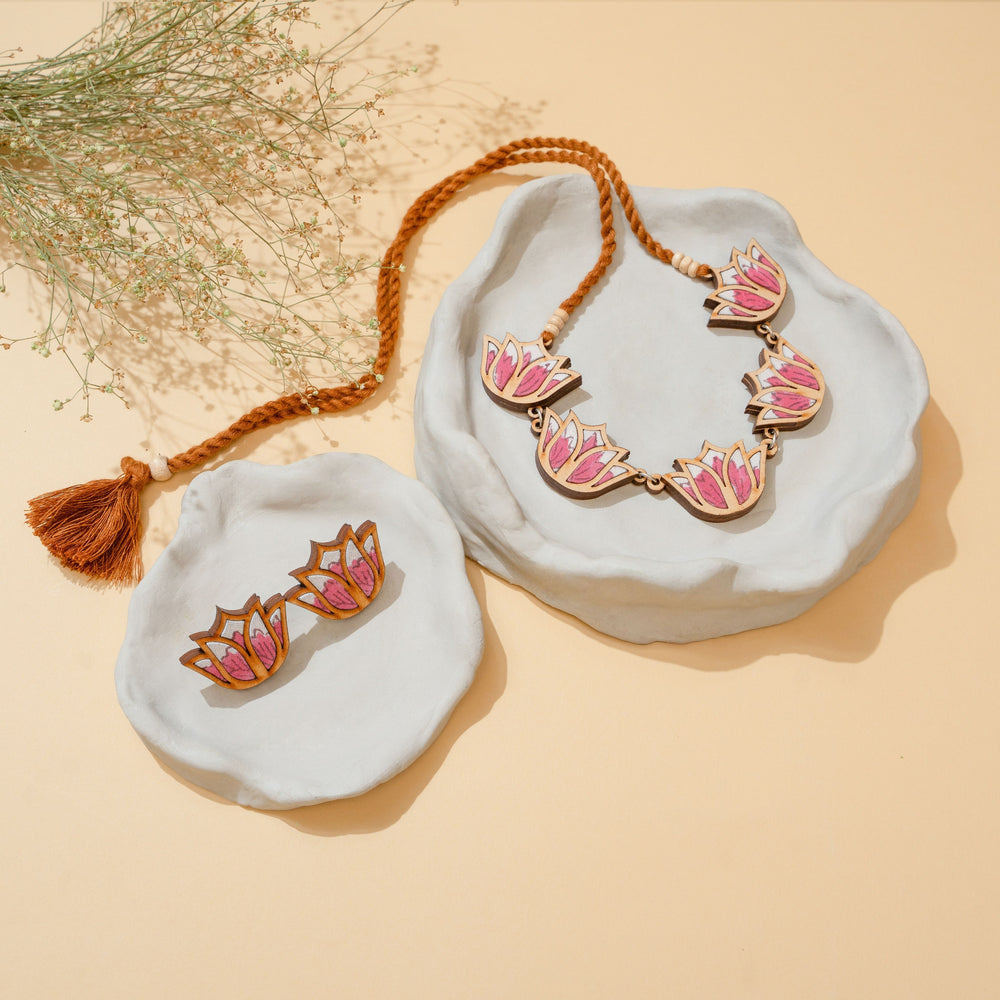 Pink Bloom Lotus Repurposed Fabric and Wood Necklace