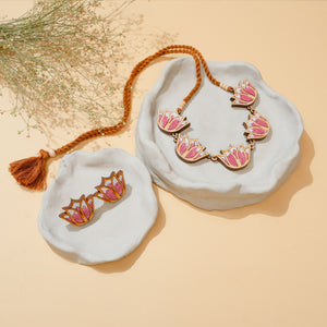 Pink Bloom Lotus Repurposed Fabric and Wood Necklace