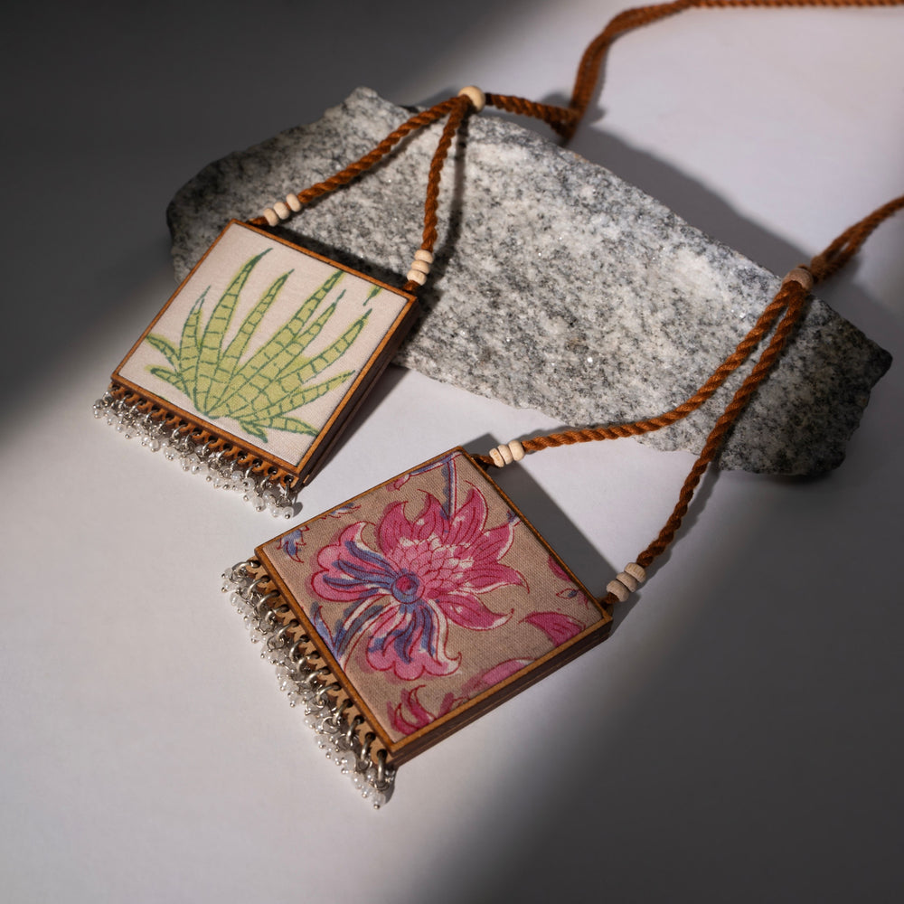 Two in One Floral Pink and Green Square Repurposed Fabric and Wood Pendant