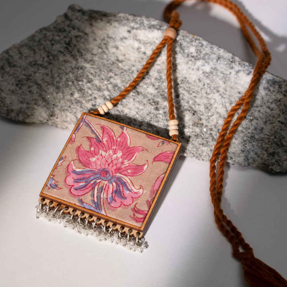 Two in One Floral Pink and Green Square Repurposed Fabric and Wood Pendant