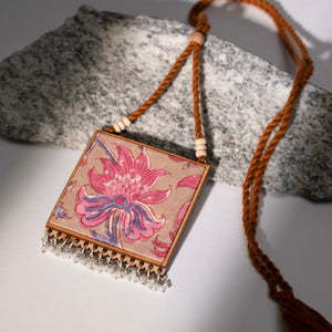 Two in One Floral Pink and Green Square Repurposed Fabric and Wood Pendant
