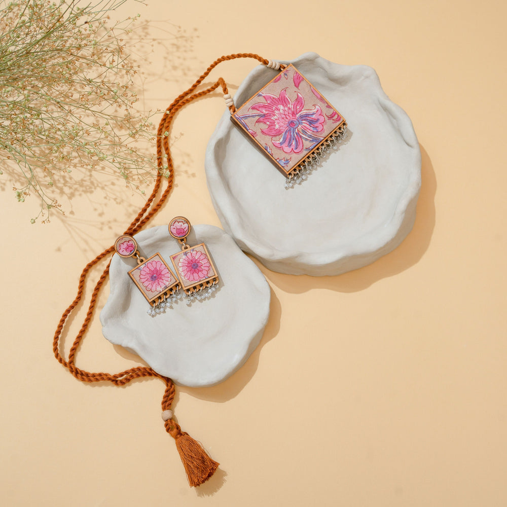 Two in One Floral Pink and Green Square Repurposed Fabric and Wood Pendant