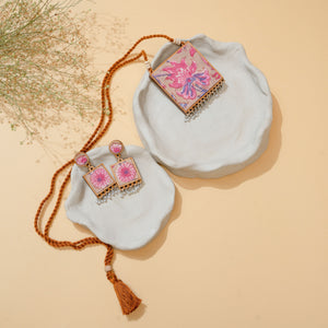 Two in One Floral Pink and Green Square Repurposed Fabric and Wood Pendant