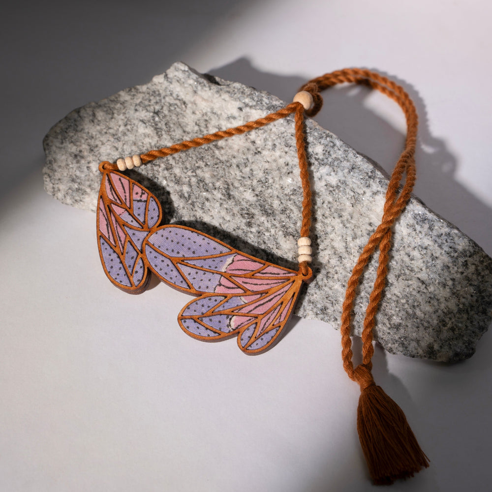 Purple Bloom Leaf Motif Repurposed Fabric and Wood Necklace