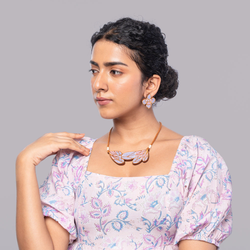 Purple Bloom Leaf Motif Repurposed Fabric and Wood Necklace