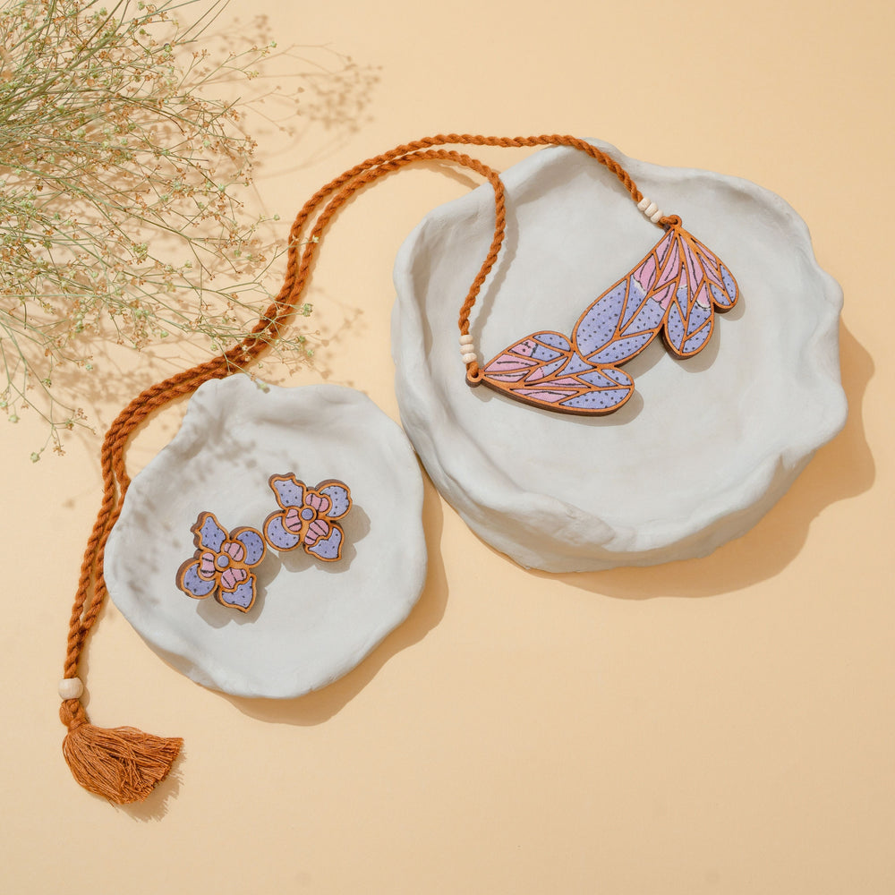 Purple Bloom Leaf Motif Repurposed Fabric and Wood Necklace