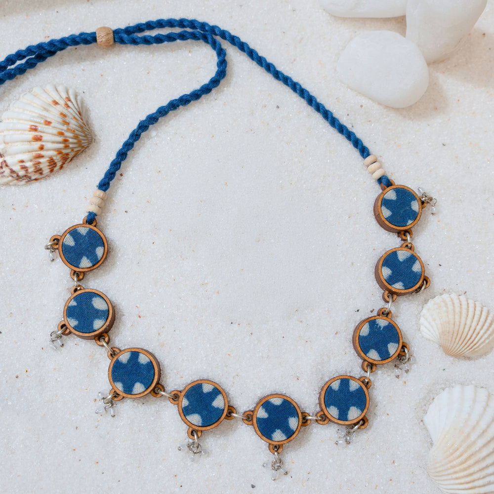 Indigo Blue Repurposed Fabric and Wood Choker