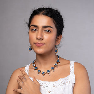 Indigo Blue Repurposed Fabric and Wood Choker