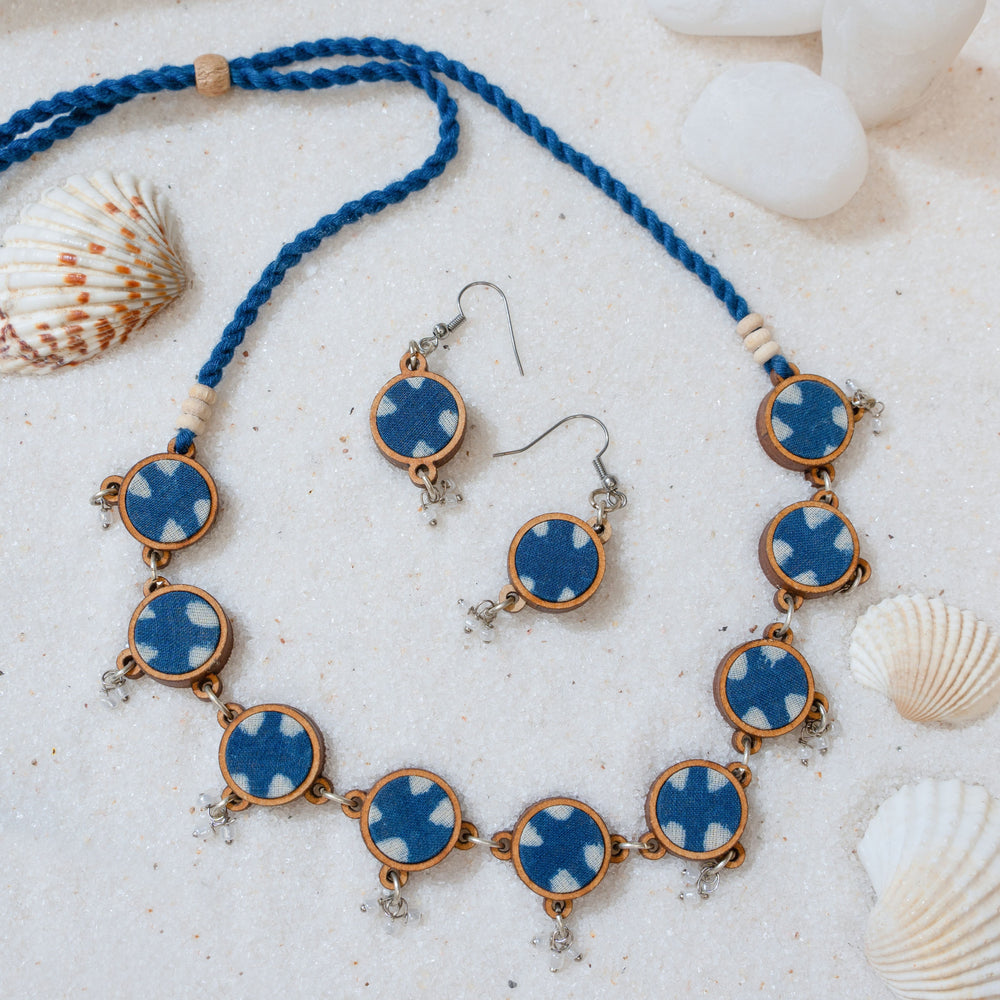 Indigo Blue Repurposed Fabric and Wood Choker